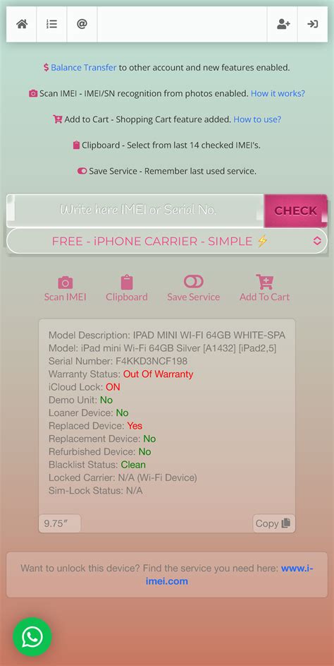 FREE services. are limited to 5 IMEI/SN checks per day. Share your experience on customer reviews page. Check our Telegram News & Free Check group. Check Info for FREE for your IMEI | MEID | SERIAL | ESN Number. All Brands & Devices supported, including Apple | iPhone | Samsung | Oppo | Xiaomi | OnePlus.